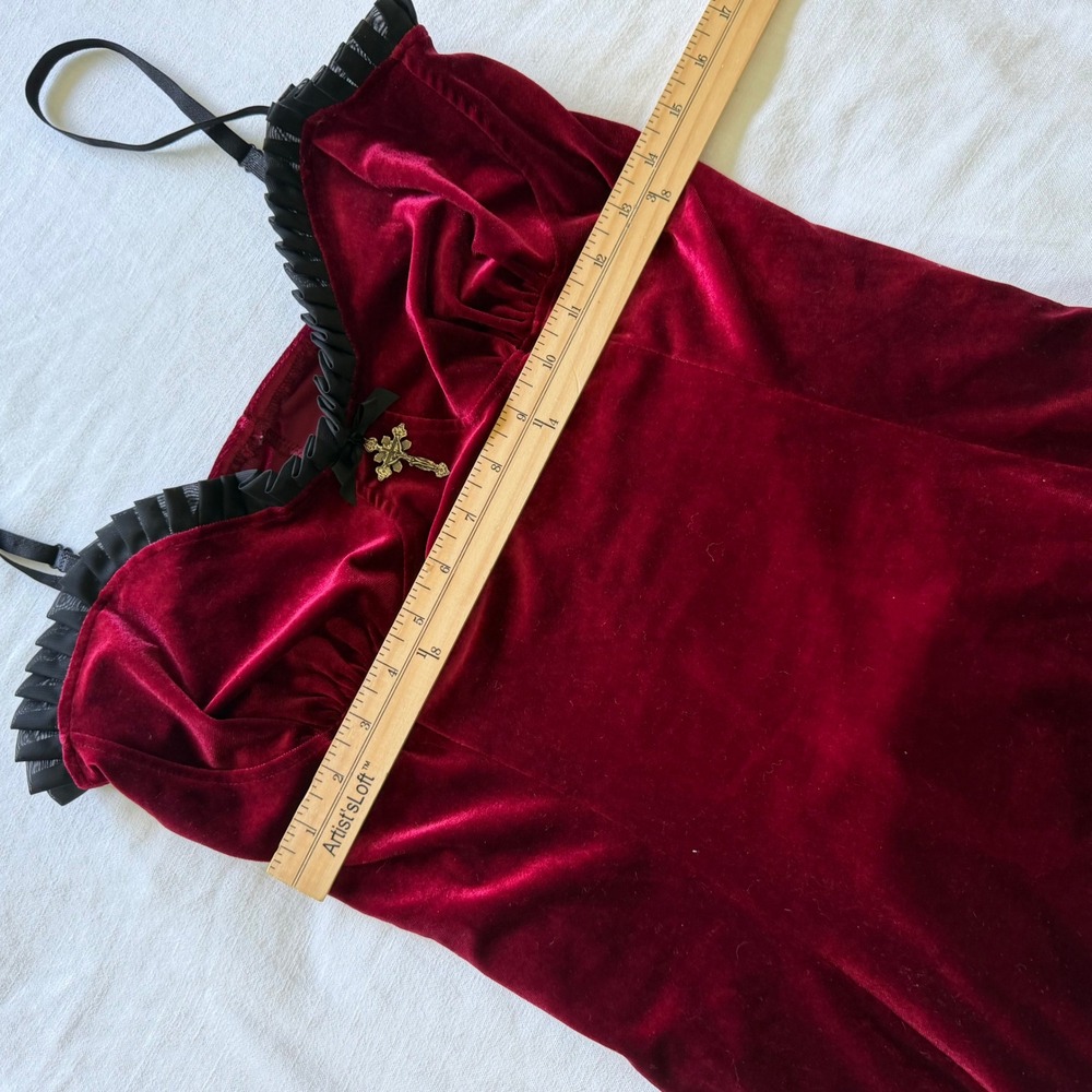 Y2K Burgundy Velvet Cross Lace Mini Dress Gothic Dark Romantic XL Whimsigoth - Picture 6 of 9
